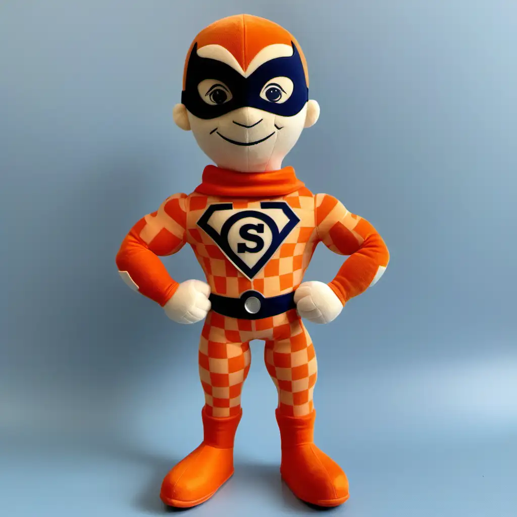 super hero plush toy , boy , strong , happy , skinny arms ,skinny legs, big muscles , no cape , BADGE with PS symbol . Orange suit with checkers, Mask 