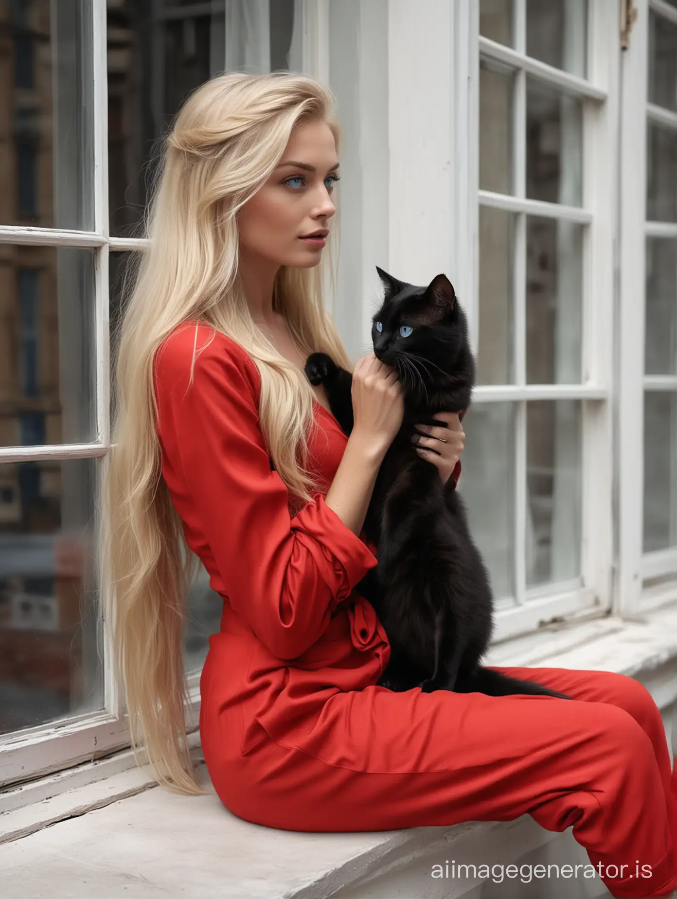 Iperrealistic blond fashion model, long hair, blue eyes, wearing red clothes, sitting on a windows, side view, holding a black cat