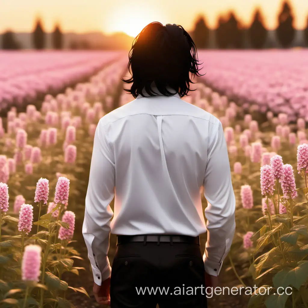 Generate a detailed and realistic image of a peaceful flower field, viewed from behind. The field should contain pink, white, and yellow flowers. A figure of Michael Jackson with white skin from behind should be included, dressed in a white shirt and black pants in the middle of the image. The style of the image should be cinematic. The mood of the image should be upbeat and evocative of the golden hour, sunset with soft lighting, bokeh, warm color grading, extreme close-up