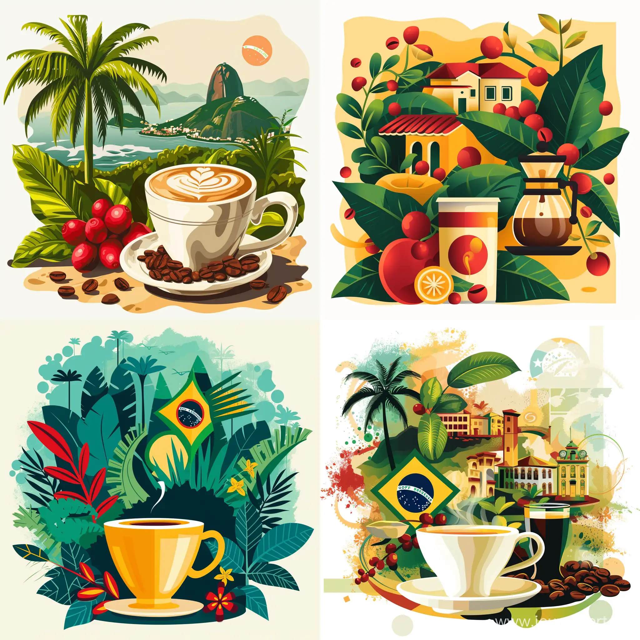 Векторная иллюстрация с символами Бразилии и кофе.