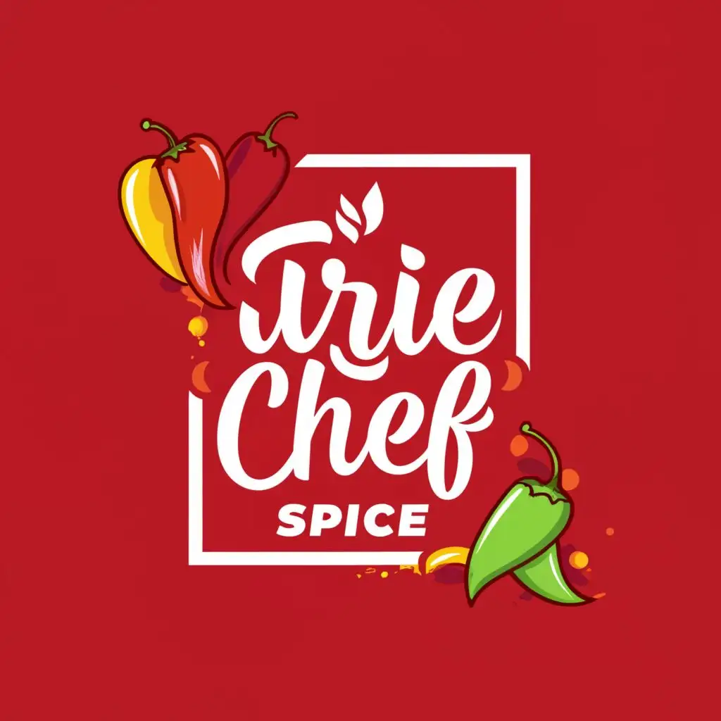 logo, peppers, red rectangle background, with the text "irie chef spice", typography