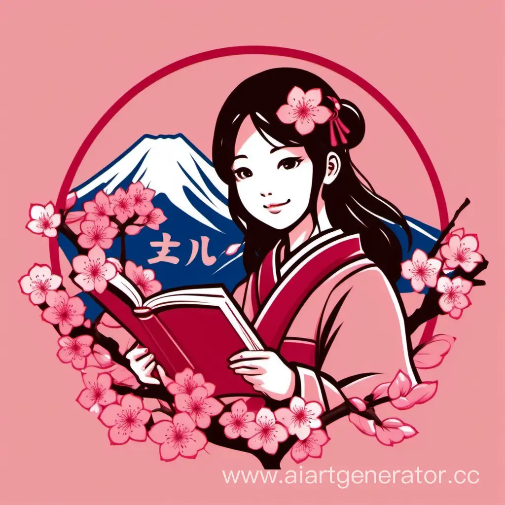 логотип для школы японского языка в розово-красных оттенках с тонкой веточкой сакуры, девушкой с учебником в роках на фоне японского флага и горы Фудзи