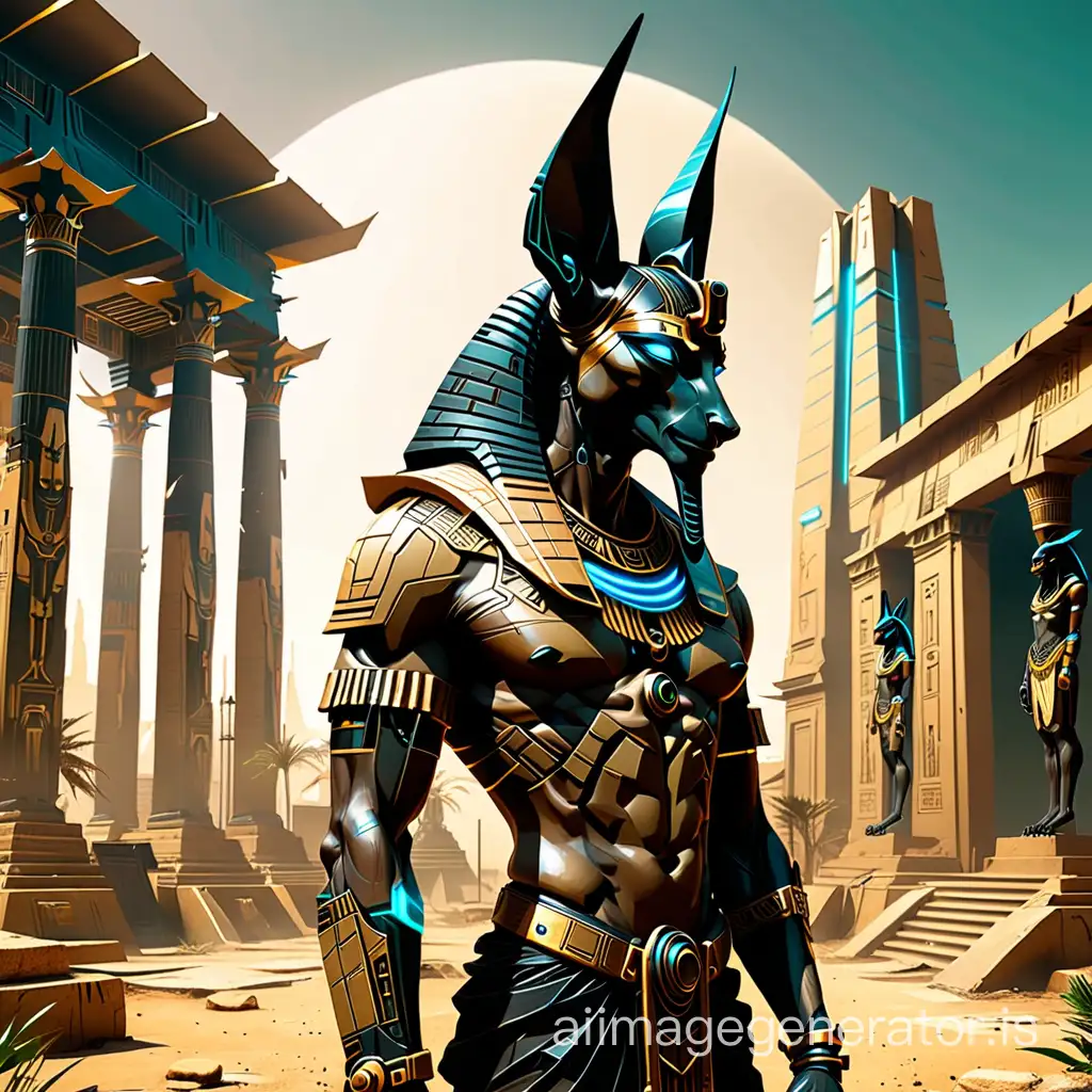 A visualization of the character of Anubis, the Egyptian god, in a cyberpunk form clearly with old temple in backyard