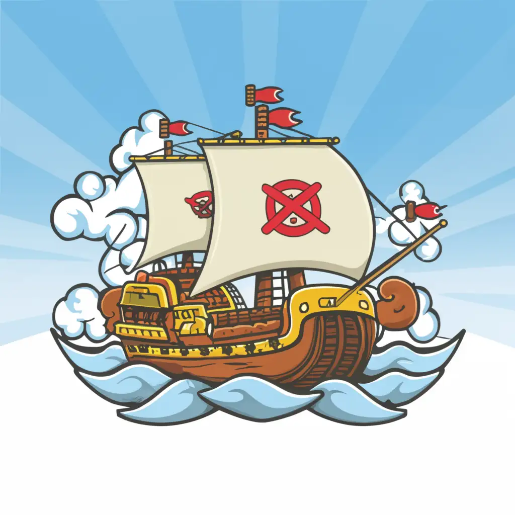 a logo design,with the text "Drowned Hub", main symbol:A circular logo with the Thousand Sunny ship from One Piece in realistic detail. The ship sails on a vast ocean with rolling waves under a realistic sky with puffy white cumulus clouds and a deep blue gradient. Several realistic seagulls fly in the distance. The logo has a thick black outline and a transparent background.,Moderate,clear background