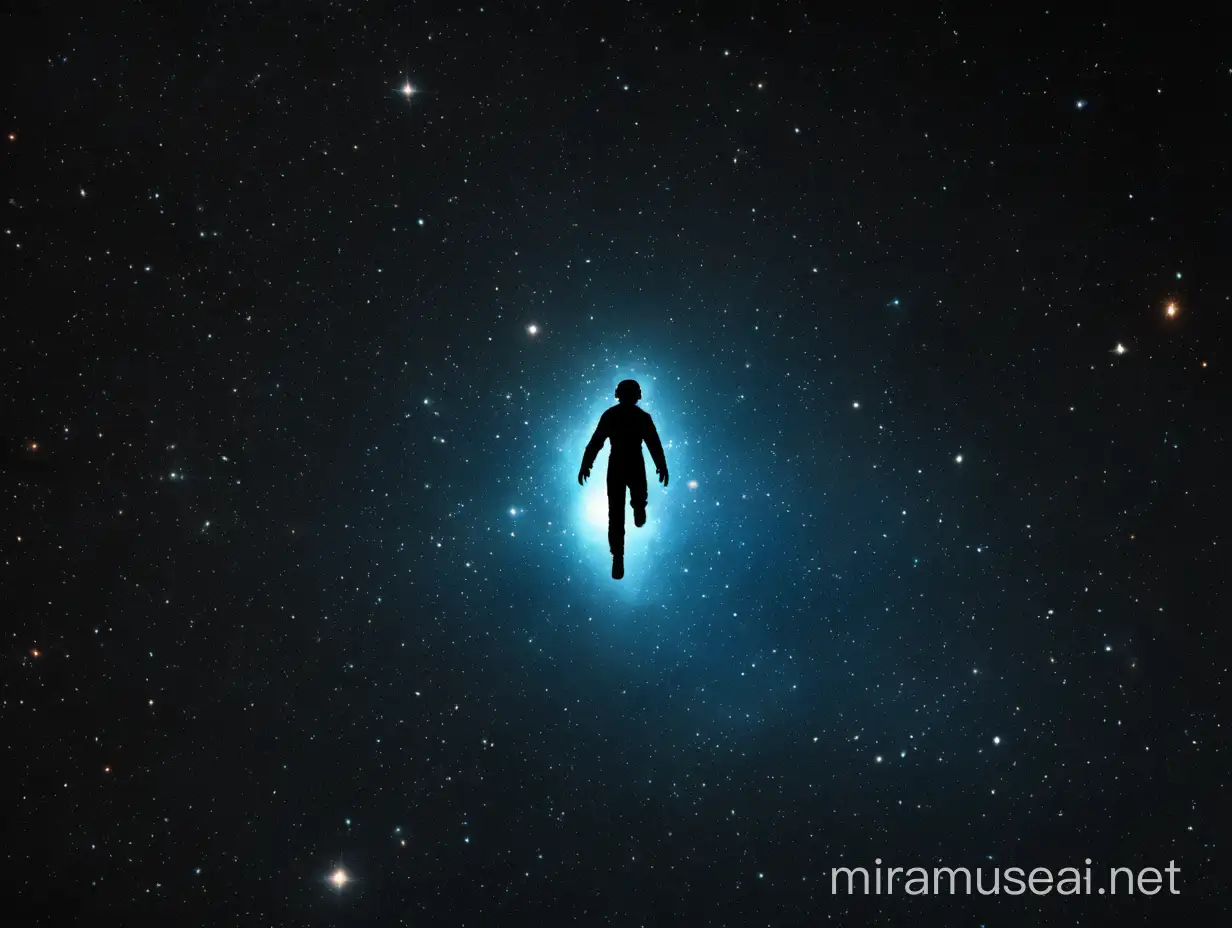 A silhouette of a man floating in the expanse of space.