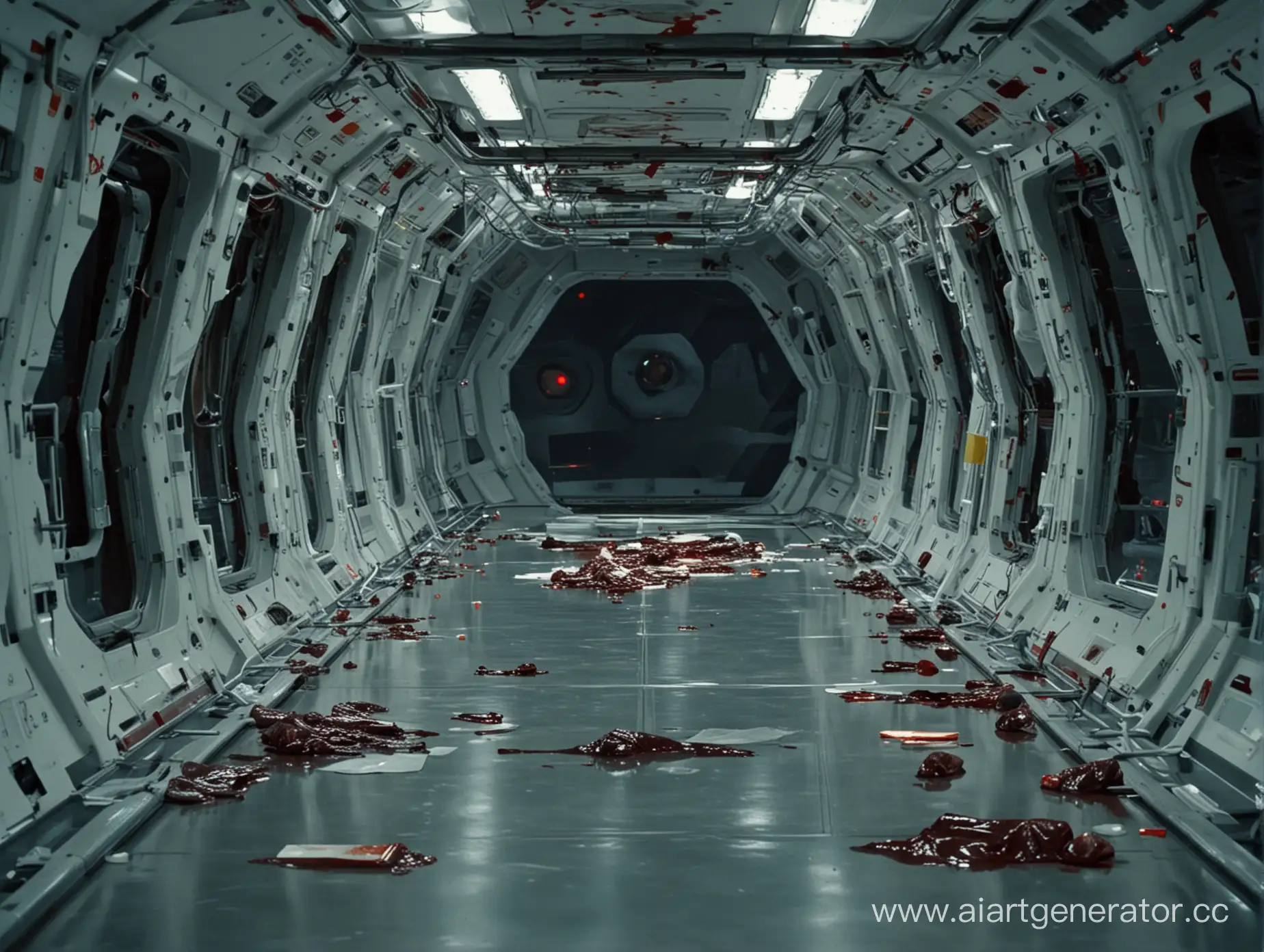 insade spaceship, space, laboratory, blood on floor, corpses,
