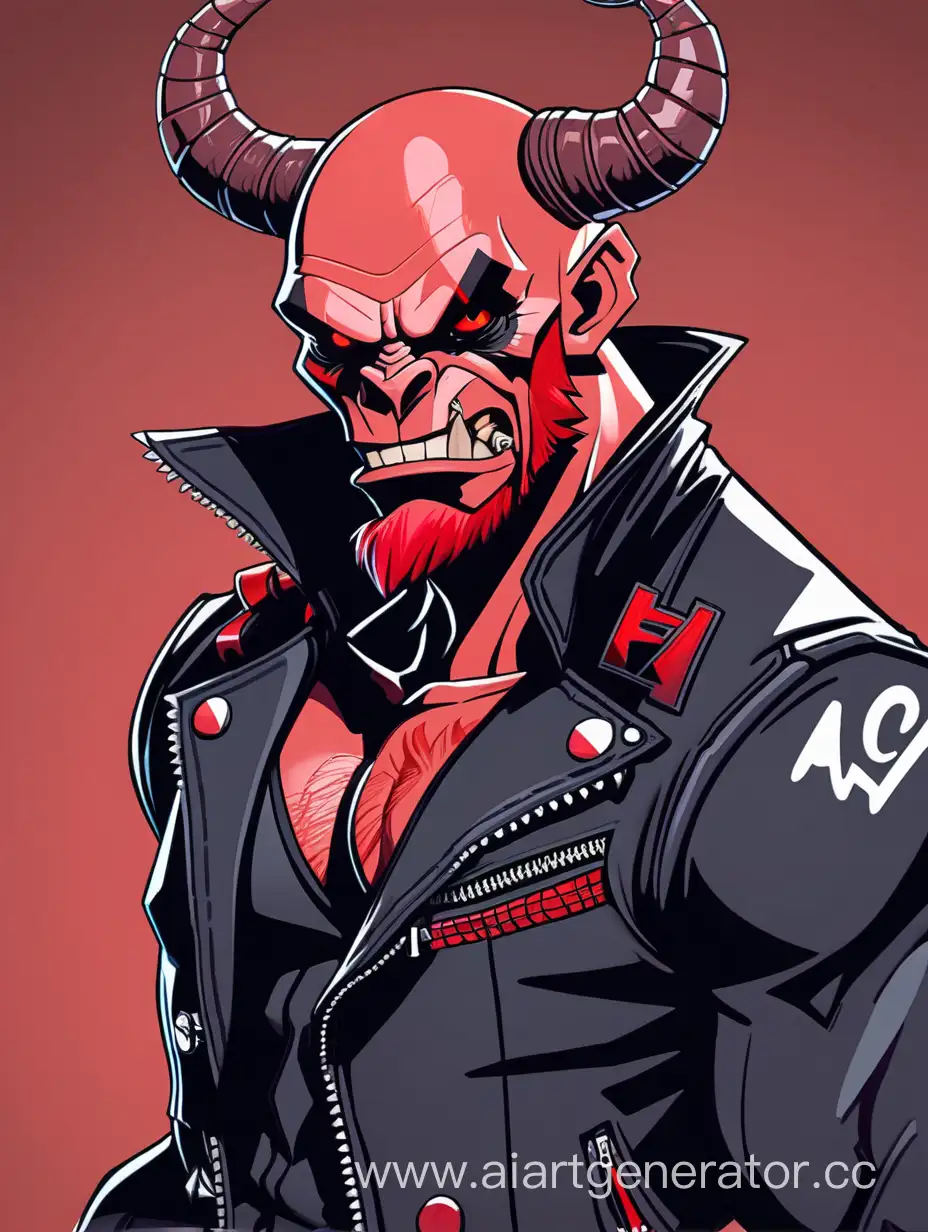 Demon, Gorillaz (musical group) art style, cartoon, muscular body, red skin, bald head, red beard, scars, black and red biker suit, horns, male character