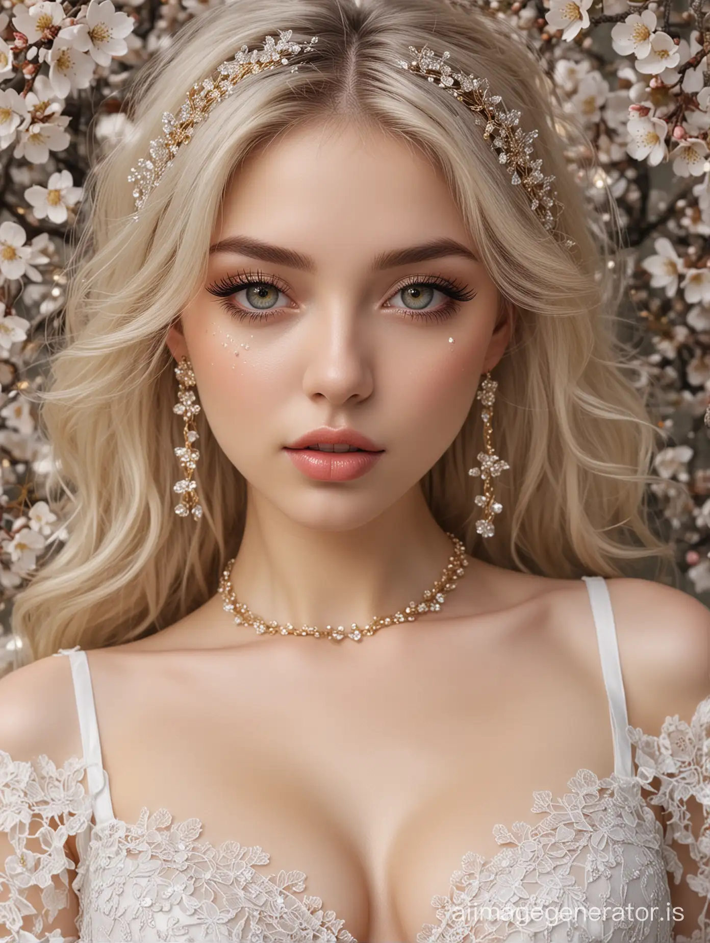 💧









Porcelain girl, refined proportions, big expressive eyes, sparkle in the eyes, top-down view, feminine face aesthetics, cherry blossoms and apple trees, in silver-golden transparent lace lingerie, lace background, all in gold hair sparkles, long straight, body shines, beautiful face, glitter, huge earrings, 5D eyelashes, plump lips smeared with gloss, eyes lined with black honeycore, beauty aesthetical girl, glam design, party, high resolution, depth of exposure