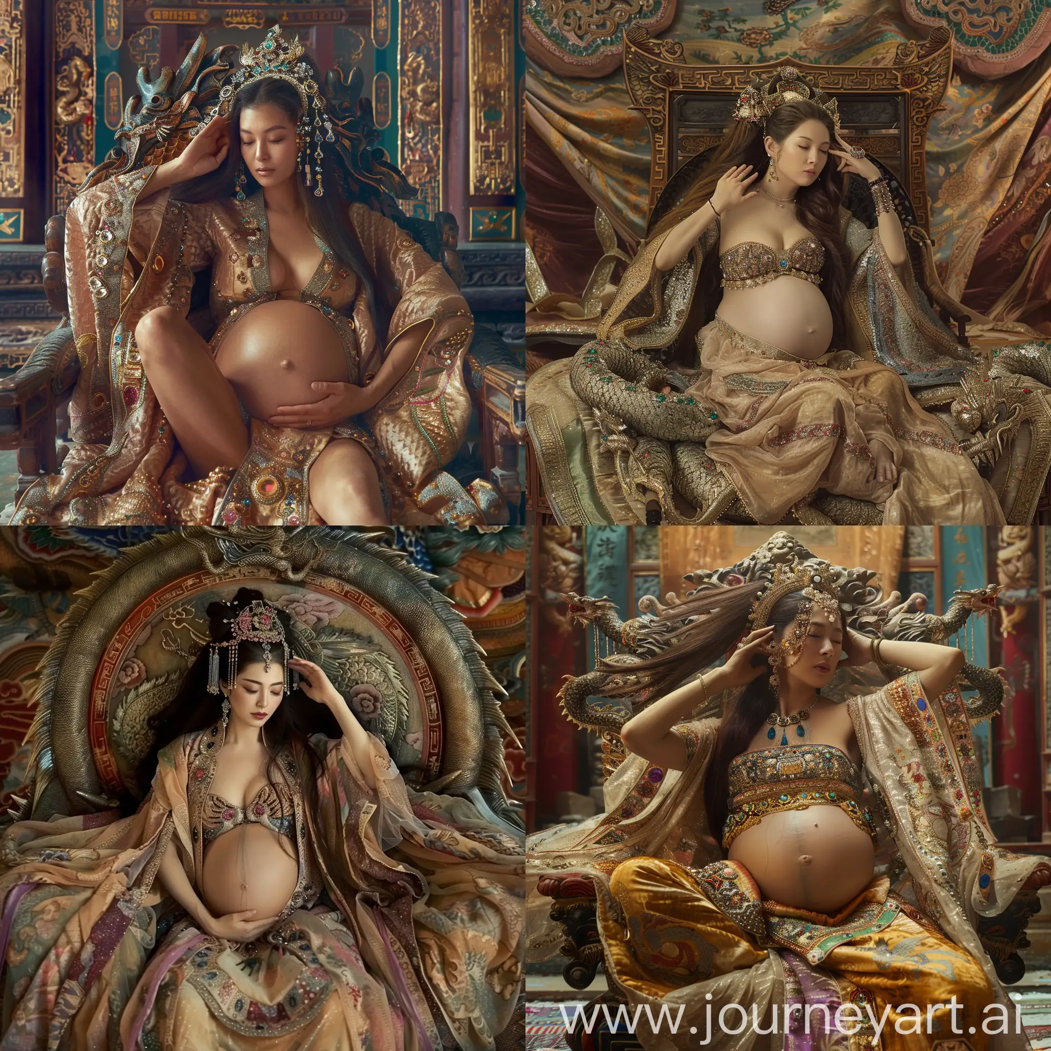 Pregnant-Empress-Wu-Zetian-Rests-on-Dragon-Throne-in-Magnificent-Palace-Setting