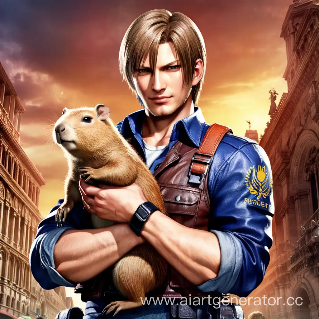 happy leon kennedy from resident evil 6 holds a capybara in his arms