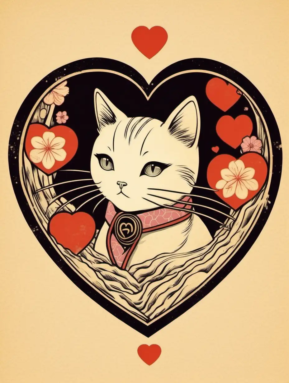 Japanese Retro Cat in Heart Design