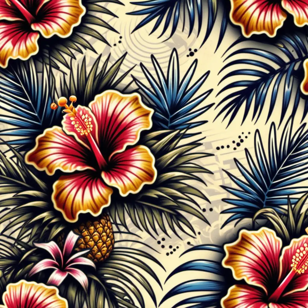 Tropical Hibiscus and Palms Seamless Pattern Tattoo Design