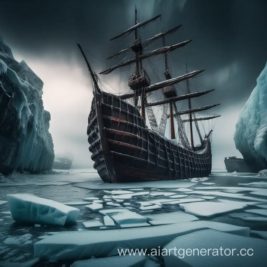 огромный средневековый замерзший грузовой деревянныйкорабль медленно пробирающийся сквозь лед и скалы,мрачный с темными фигурами на борту