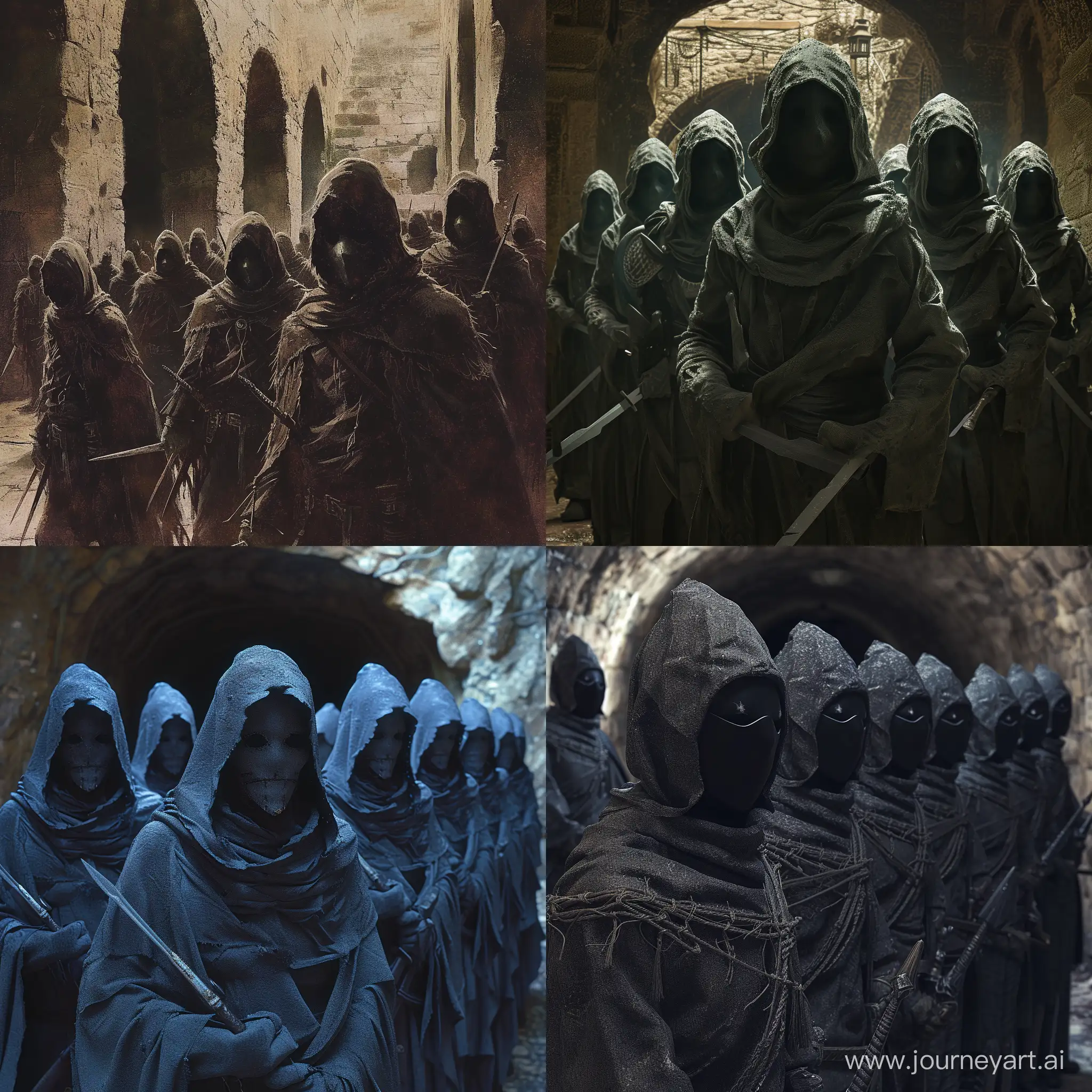 a bunch of Shadowbound Assassins wearing Dark, silent attire with concealed daggers. Masks that shroud the face in shadows. Hooded cloaks woven with magical threads to blend into the night, in a ancient, labyrinthine underground network beneath a bustling medieval city. Secret chambers for planning covert missions and a training arena for perfecting stealth , 1970's dark fantasy style, gritty, dark, vintage, ultra detailed