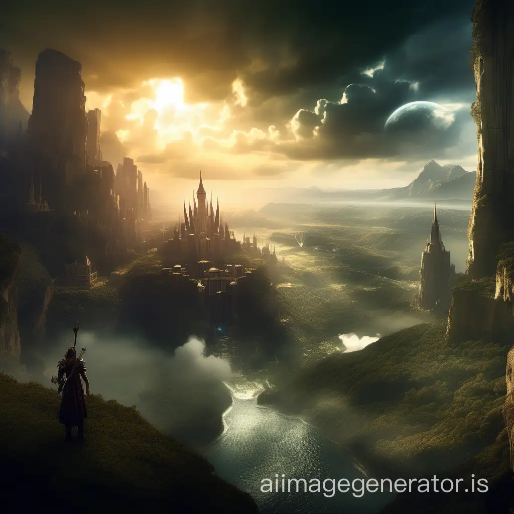 Craft a cinematic fantasy landscape, utilizing dramatic lighting and composition to evoke a sense of grandeur and awe.*