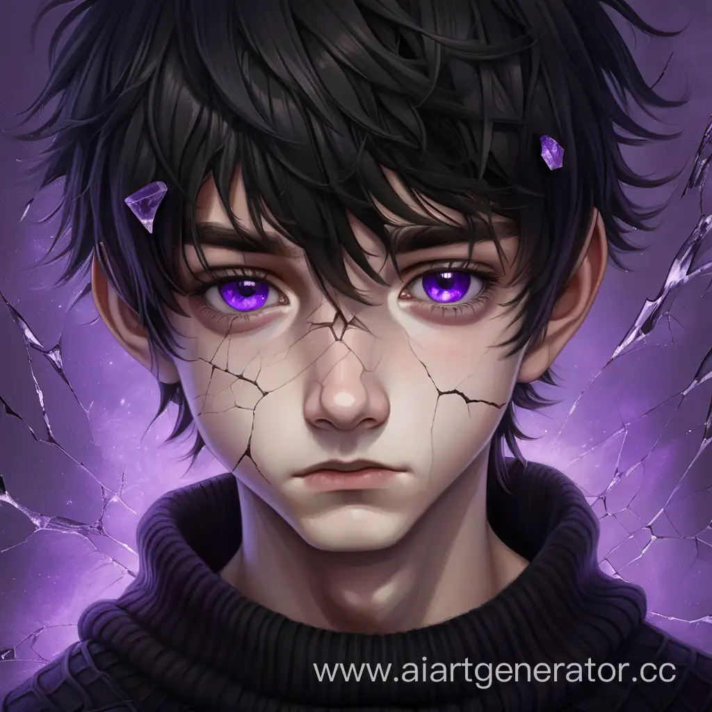 Потрескавшийся фарфоровый пятнадцати летний мальчик с аметистовыми глазами и в чёрном свитере