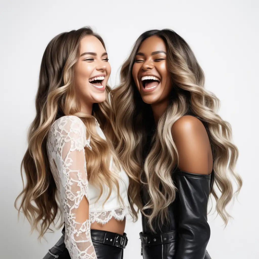 photoshoot with white background of two hair models laughing, one with darker skin both with long dimensional balayage wavy hair wearing tendy lace and leather attire
