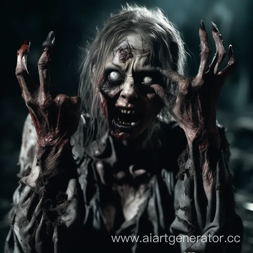 a terrible zombie woman with clawed hands stretches her two hands with five fingers on each, her mouth exposes with terrible pointed fangs, she has a wild look, she is dressed in torn clothes black with soot and dirt, on her hands pointed long nails that bend like hooks, her eyes are empty and reddish, the scene shows her terrible figure,  hyper-realism, cinematography, high detail, the smallest details, horror, fear.photorealistic photography of a zombie woman with no eyes and a tattered dress, in the style of realistic hyper - detail, playful character designs, 32k uhd, full anatomical. human hands, very clear without flaws with five fingers