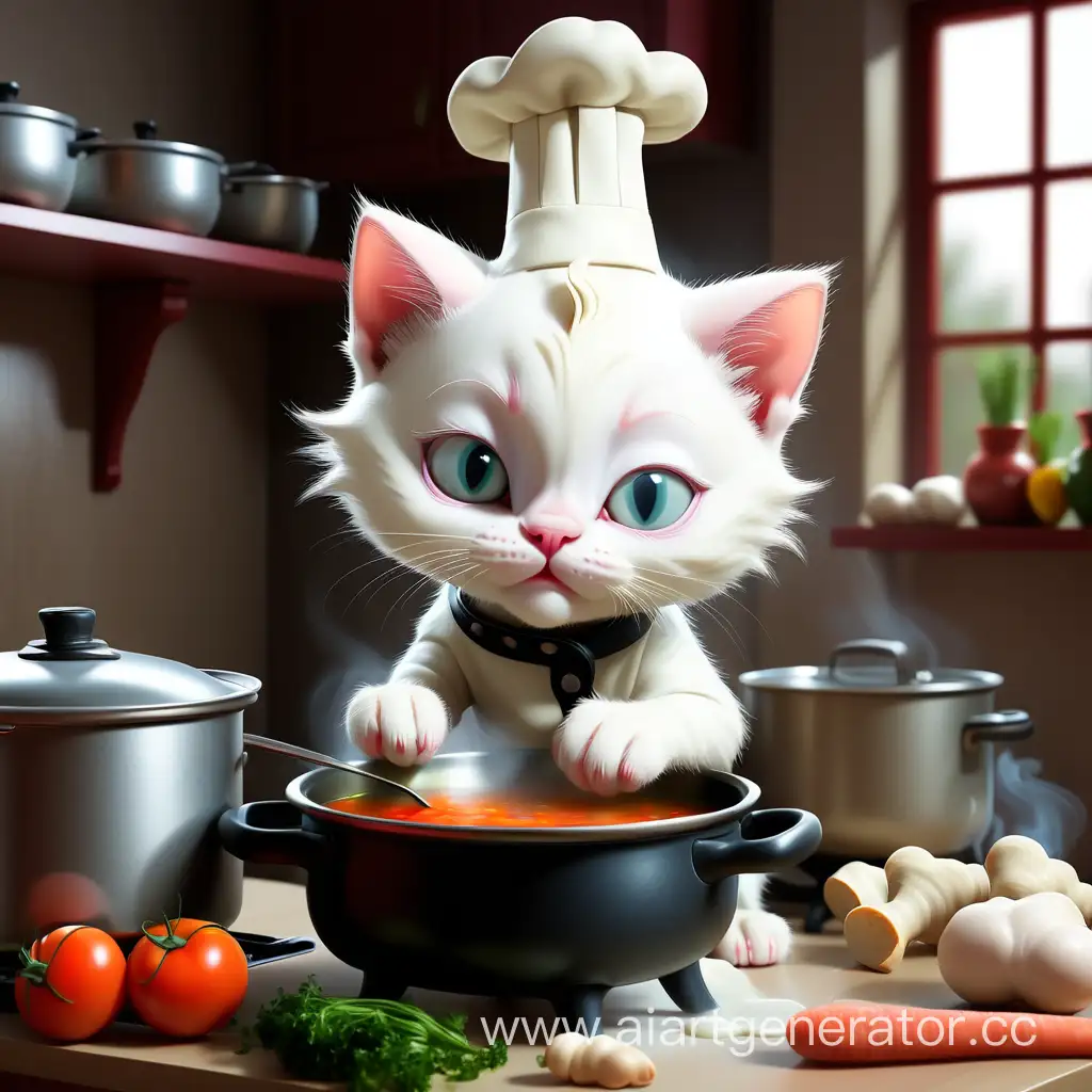 Белый котёнок варит суп