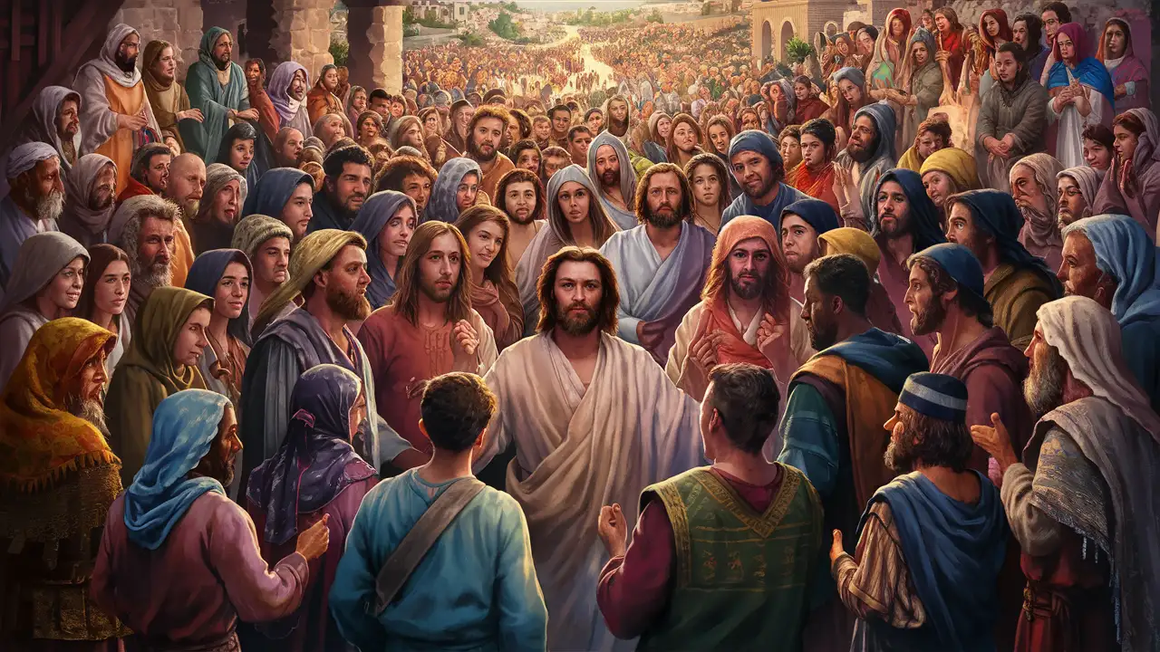 "Illustrate the scene as large crowds from Galilee, the Decapolis, Jerusalem, Judea, and beyond the Jordan gather to follow Jesus, drawn by the miraculous events they have heard of. Show the diversity of people and the anticipation in the air."