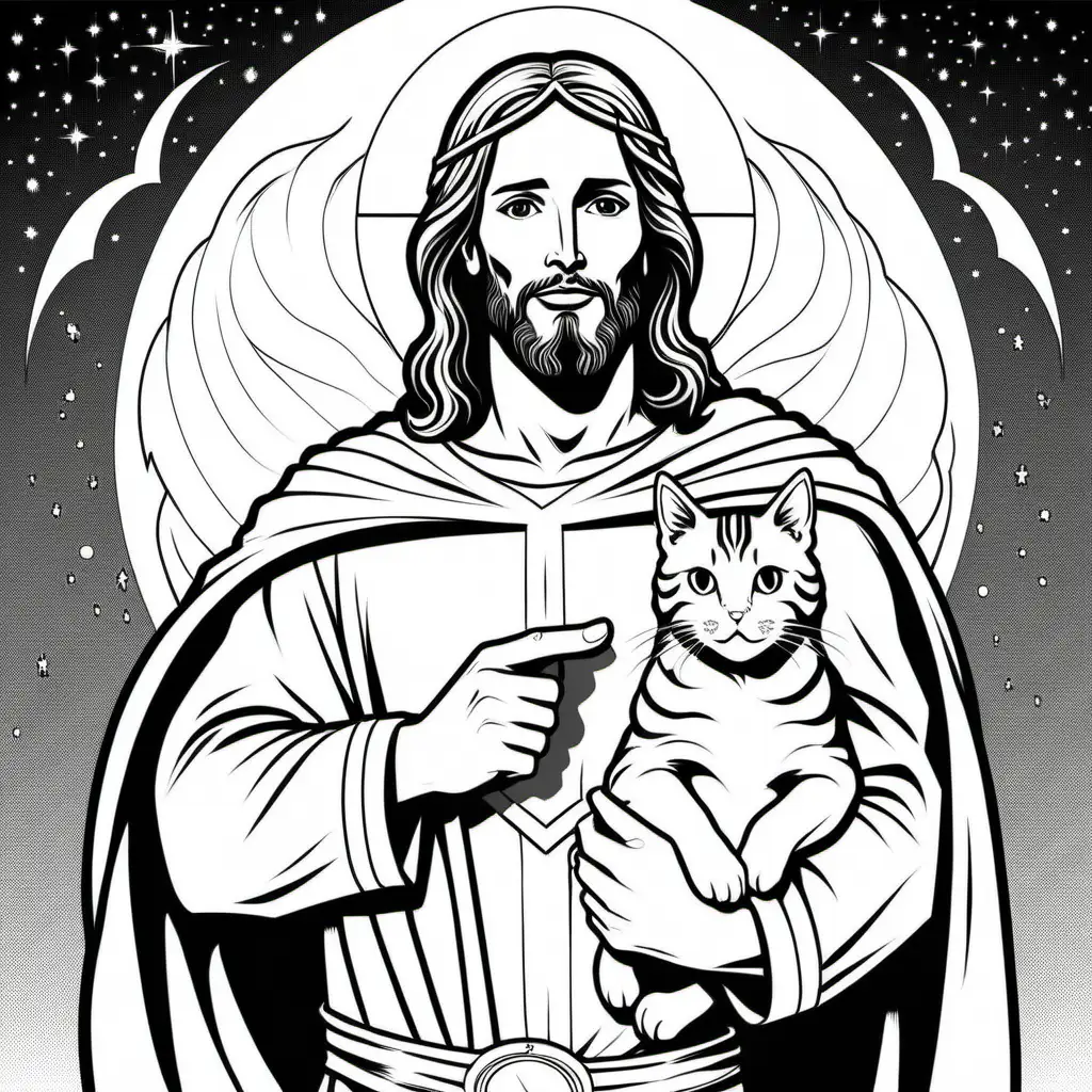 Jesus Christ Super Hero holding cat coloring book image