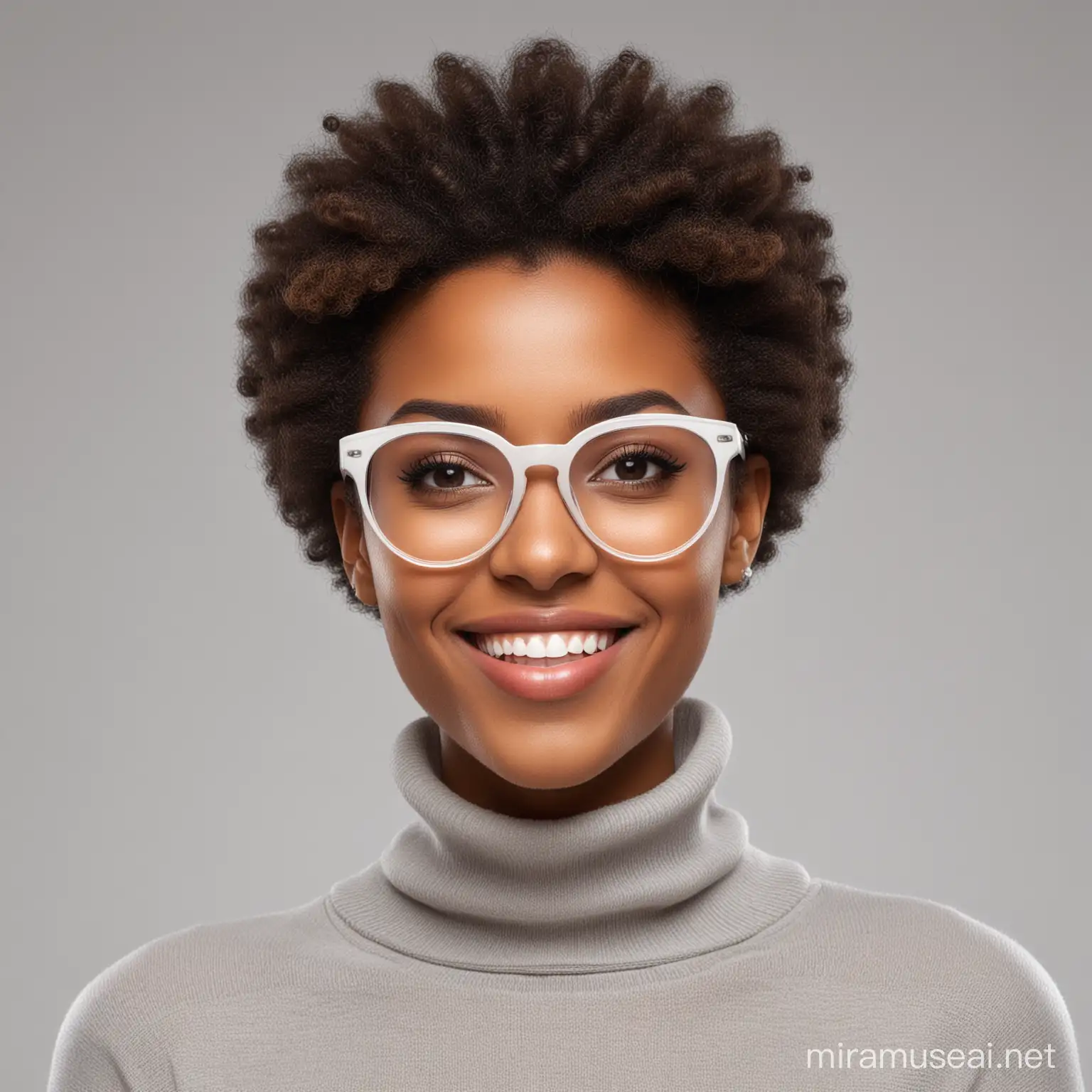 Realistic image of a beautiful 20 years old Africa dark skin lady, with stunning very short afro hair, wearing framed glasses, wearing turtle neck, front facing, looking straight into the camera, with different facial expressions, character shade: white background, smiling, full body view 