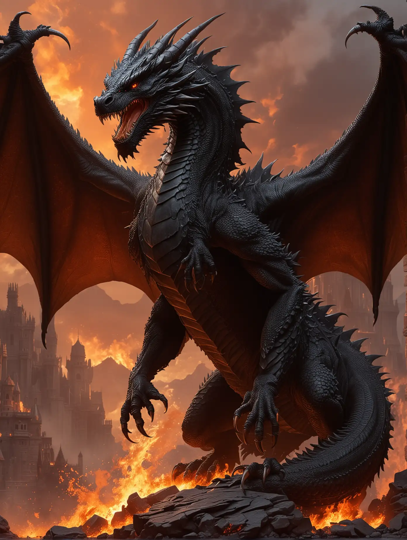 Highly detailed, realistic black dragon with intricate scales and sharp claws, standing in front of a fiery background, stylishly designed by Rafael Grassetti and Aaron Blaise, concept art for a popular fantasy game or movie franchise.