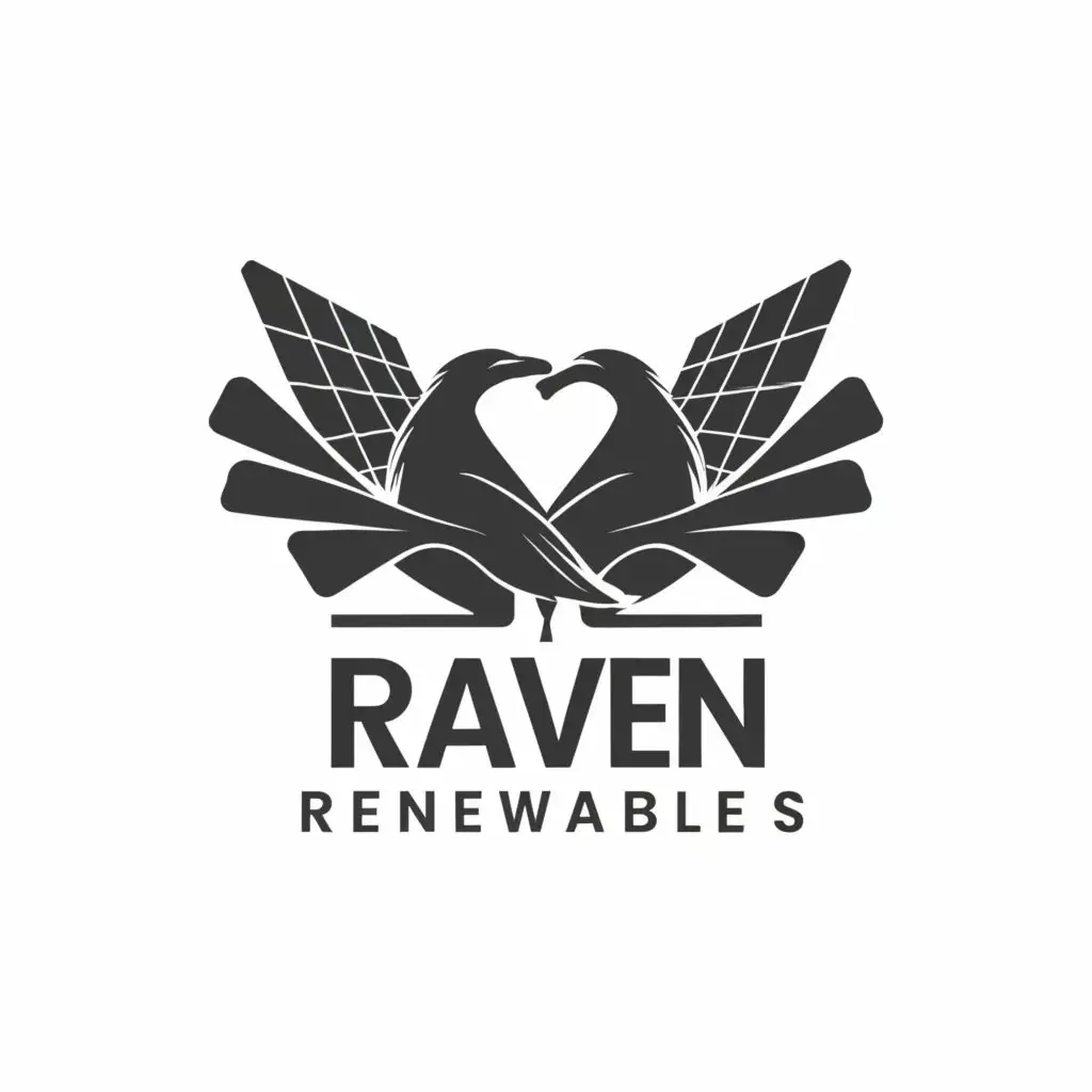 a logo design,with the text "Raven Renewables", main symbol:two ravens dancing in front of a solar panel array,Minimalistic,be used in Construction industry,clear background
