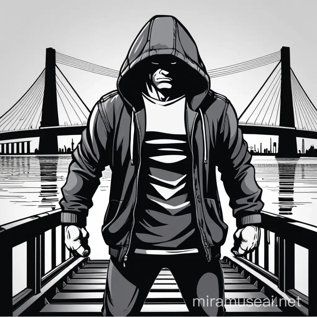 Strong Man Holding Two Bridges in Hooded Jacket Vector Illustration