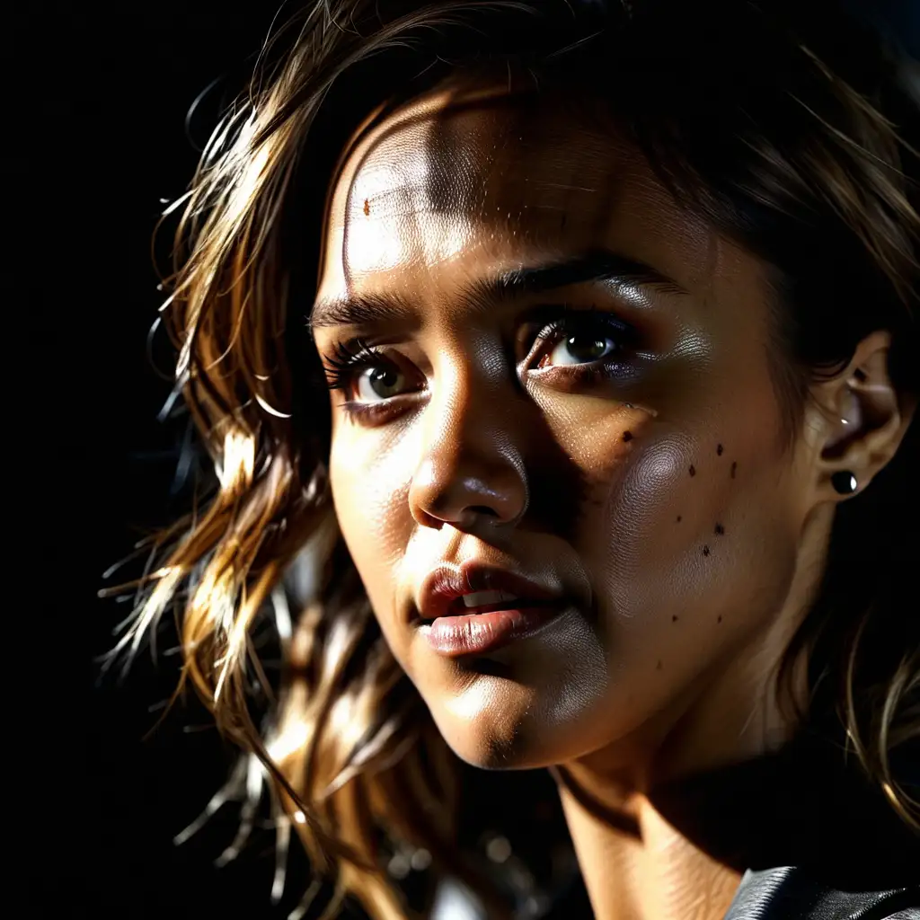 Closeup of Jessica alba staring out from the shadows with a curious expression