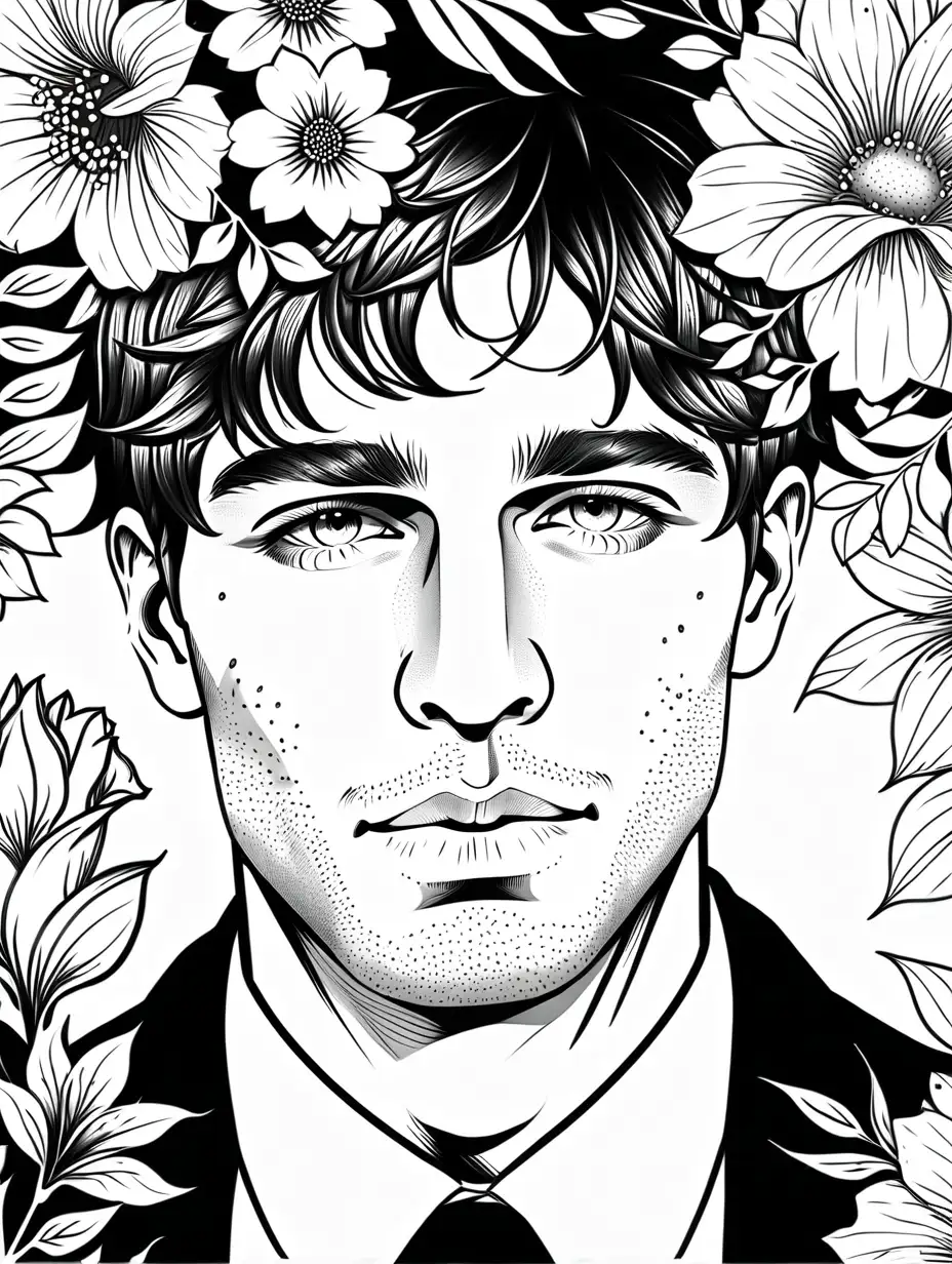 Elegant Masculine Portrait with Floral Line Drawing High Definition 8K UHD