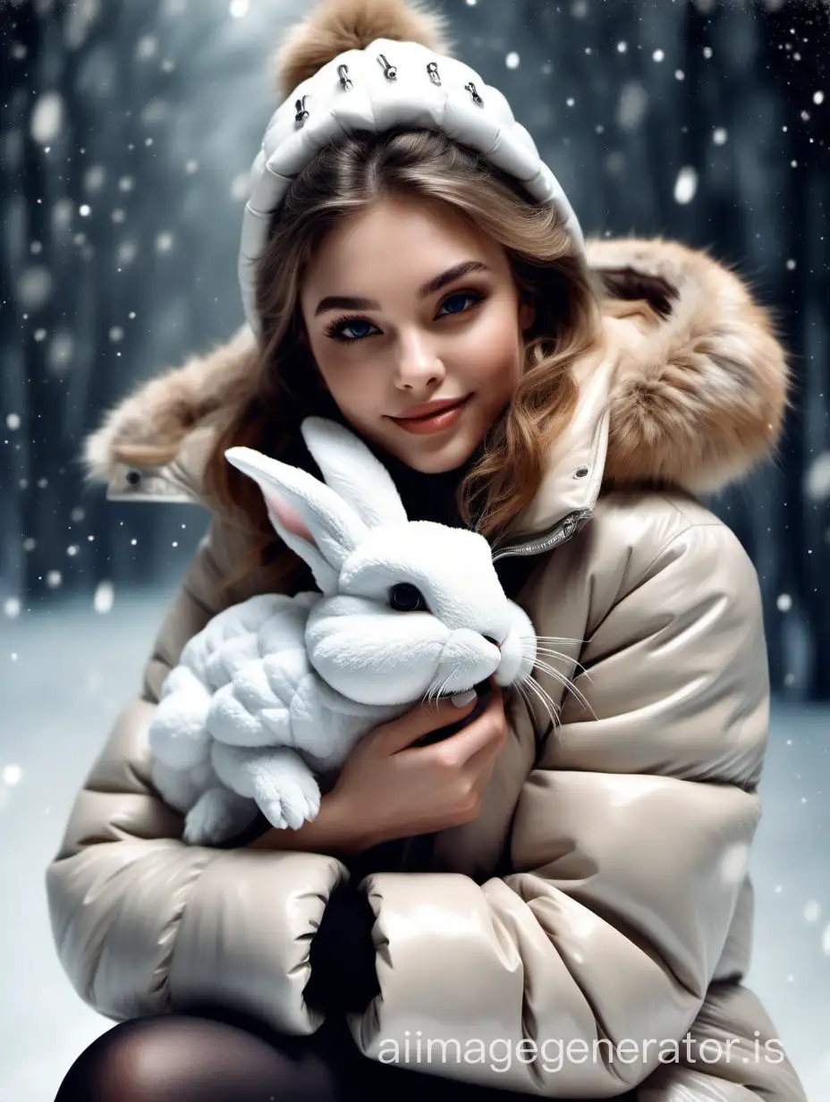 Watercolor, a cute girl in a puffer jacket embracing a rabbit sitting on the snow beautiful face, makeup, long false eyelashes, sly smile, honeycore, Dolce & Gabbana, glam high resolution, depth of exposure, caustic effect triple exposure
