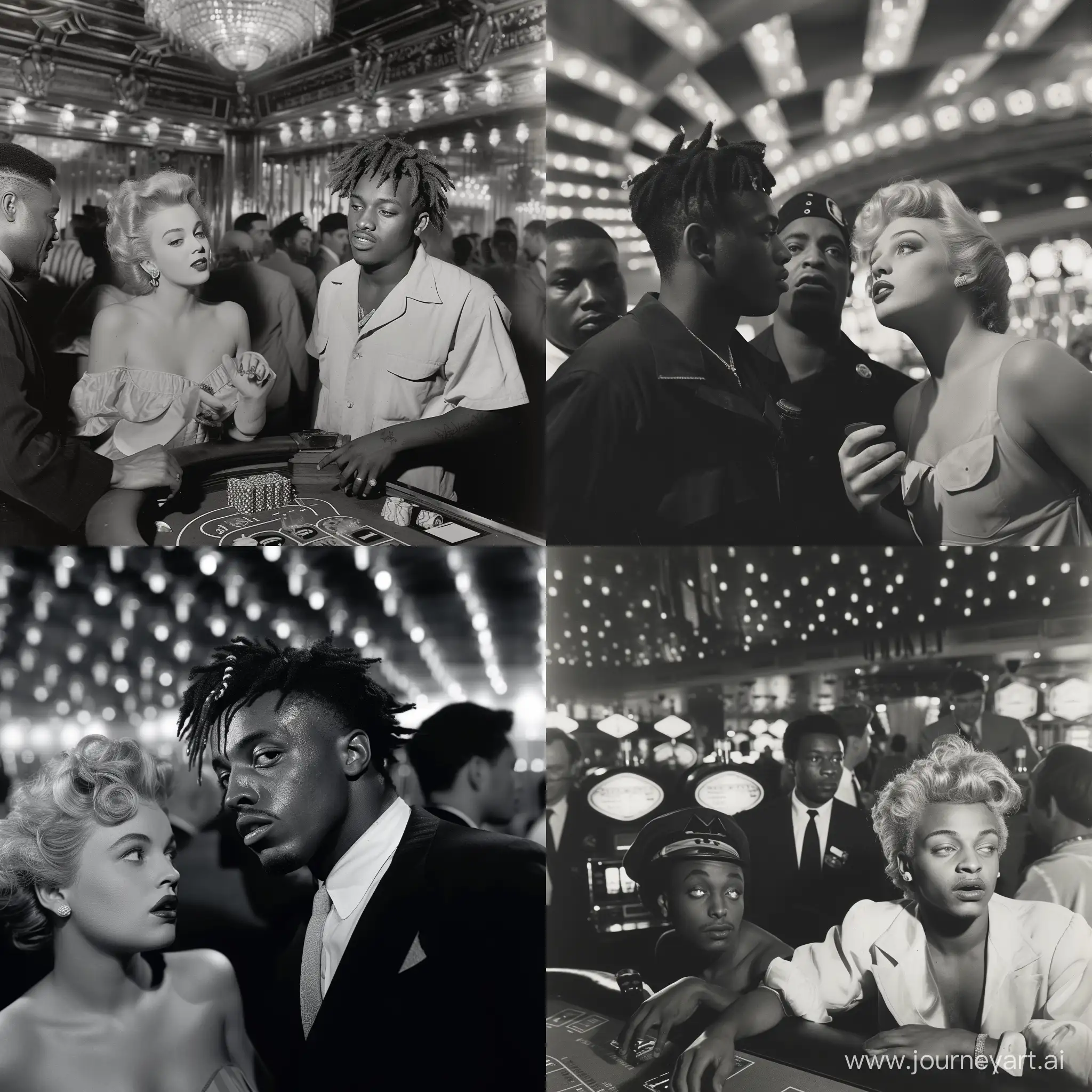 A 1950s Black and White Photograph,of Juice WRLD,in a Casino with Marilyn Monroe,With security.