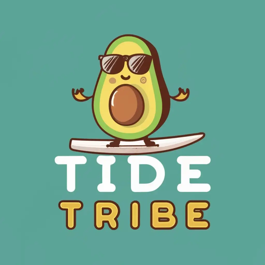 logo, avocado with sunglasses on surfing a wave, with the text "Tide Tribe", typography, be used in Travel industry