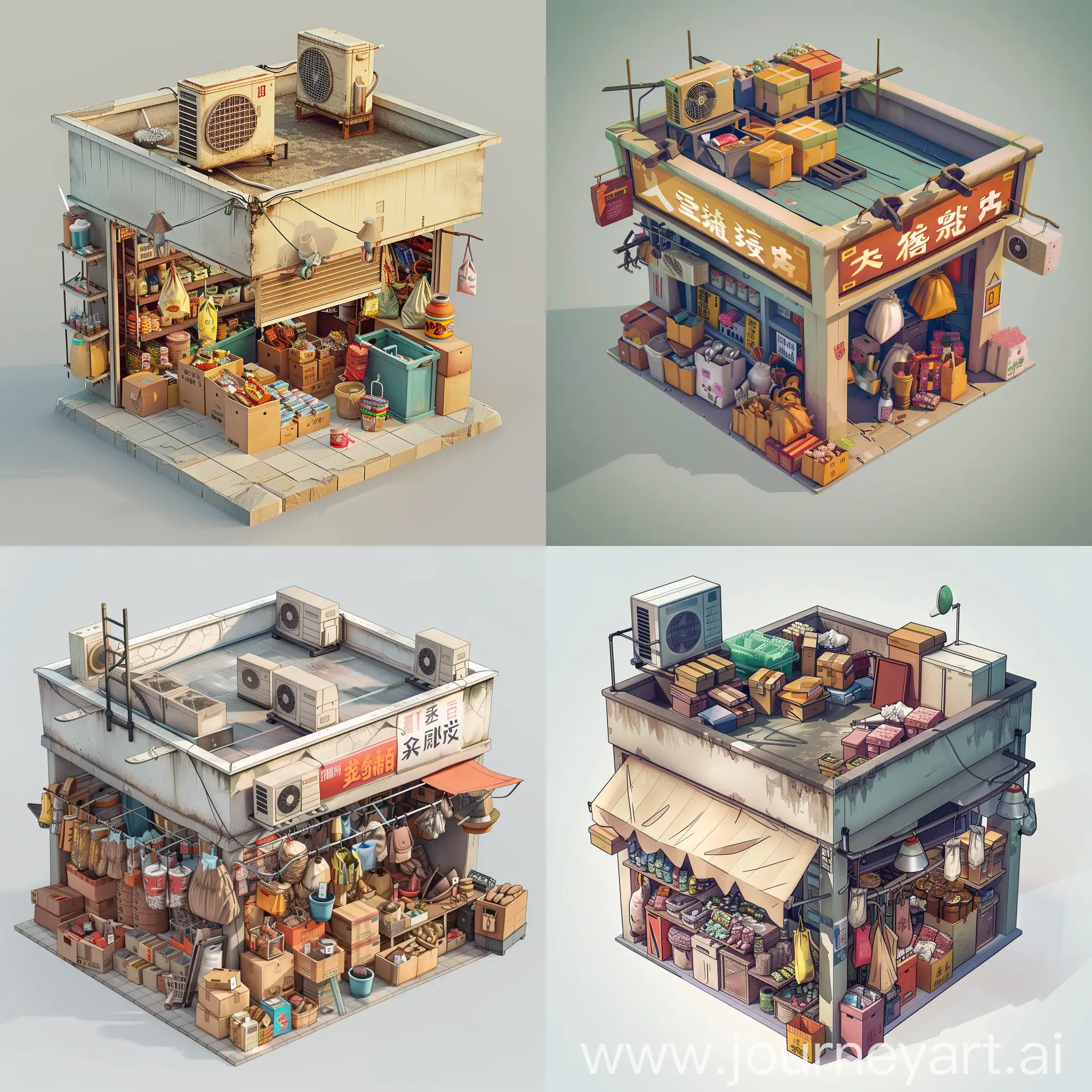 A small, Cluttered junk shop store front at Hong kong. Various goods are displayed, including boxes, bags, and hanging items. cartoon, 3d, isometric in 30 degrees, game style on blank background. The roof top should have air conditioner system. The model should be appropriate with a cube shape, quality in 4k and high detailed