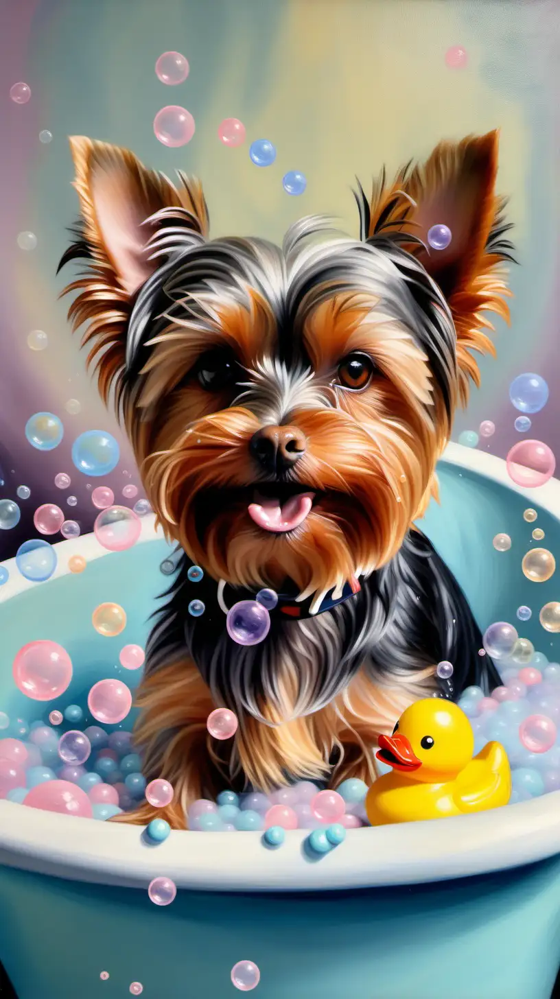 pastel colored oil painting of a male yorkie taking a bath with lots of bubbles and a rubber duck