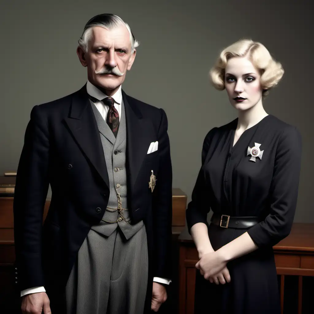 Full colour image. 

Two people. Standing side by side.

The first. A Rhodesian man in his late 60s. He is depicted from the waist up. He is impeccably dressed in the style of the 1920s. His suit is black and is clearly very expensive and finely tailored in British style. 

He is a knight of the British empire and a member of the British Fascists.

He is very thin and wears a neat clipped pencil-moustachee. 

He is very thin and somewhat gaunt with a widow's peak of thin grey hair, perfectly in place. He exudes wealth and arrogance. 

He has cold grey eyes and a haughty expression. On his lapel we wears an enamel pin depicting the white rose of York with a solid black cross in the centre. 

He wears a black arm band of mourning.

He stands in a lawyers office in New York City.

The second person. A beautiful nordic woman. She is in her mid thirties and very attractivel, thin, blonde and aristocratic in appearance. She wears a mourning dress of the period and simple elegant make-up.