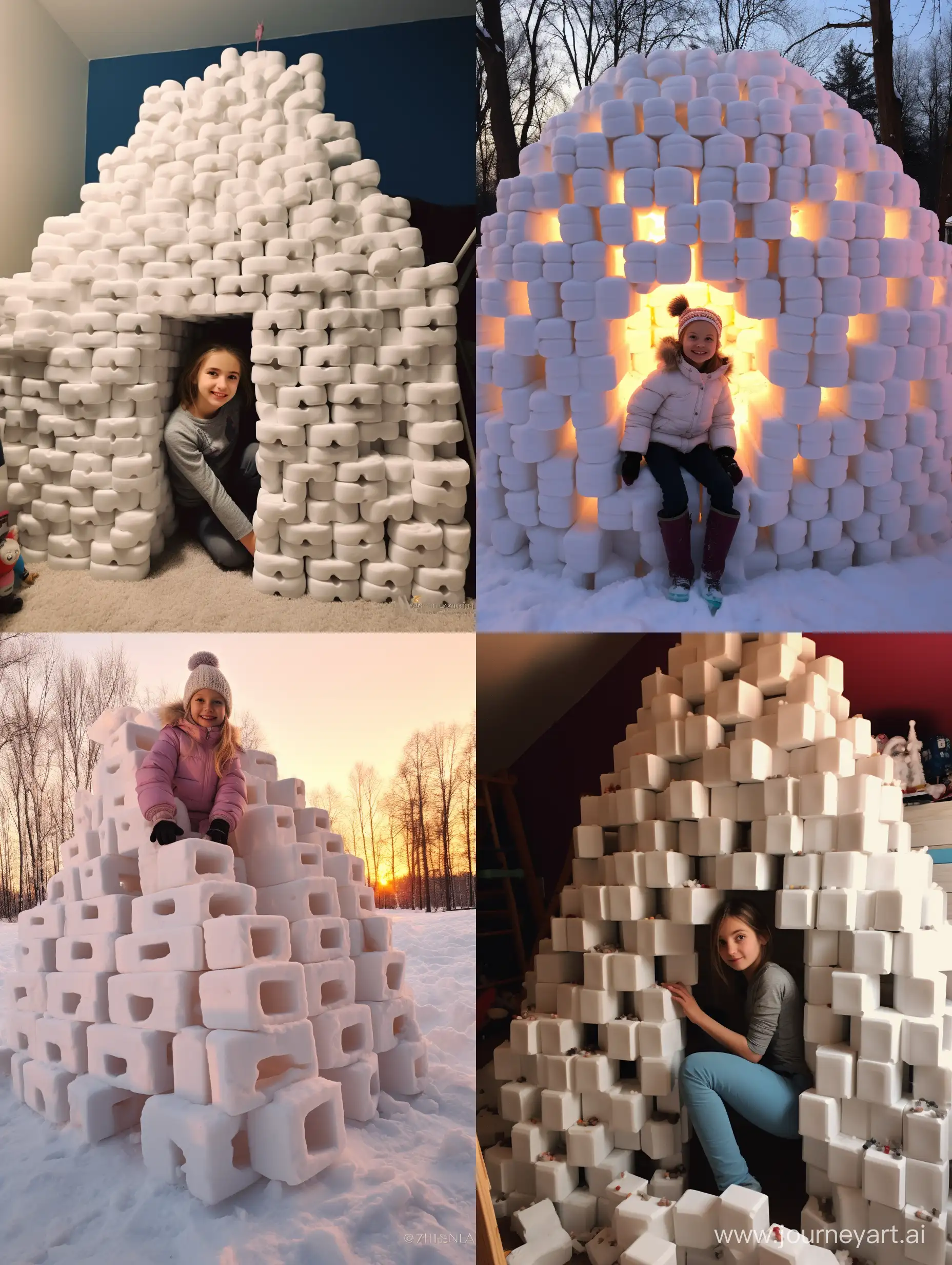Girl  created an igloo from blocks of snow. Pixar Style