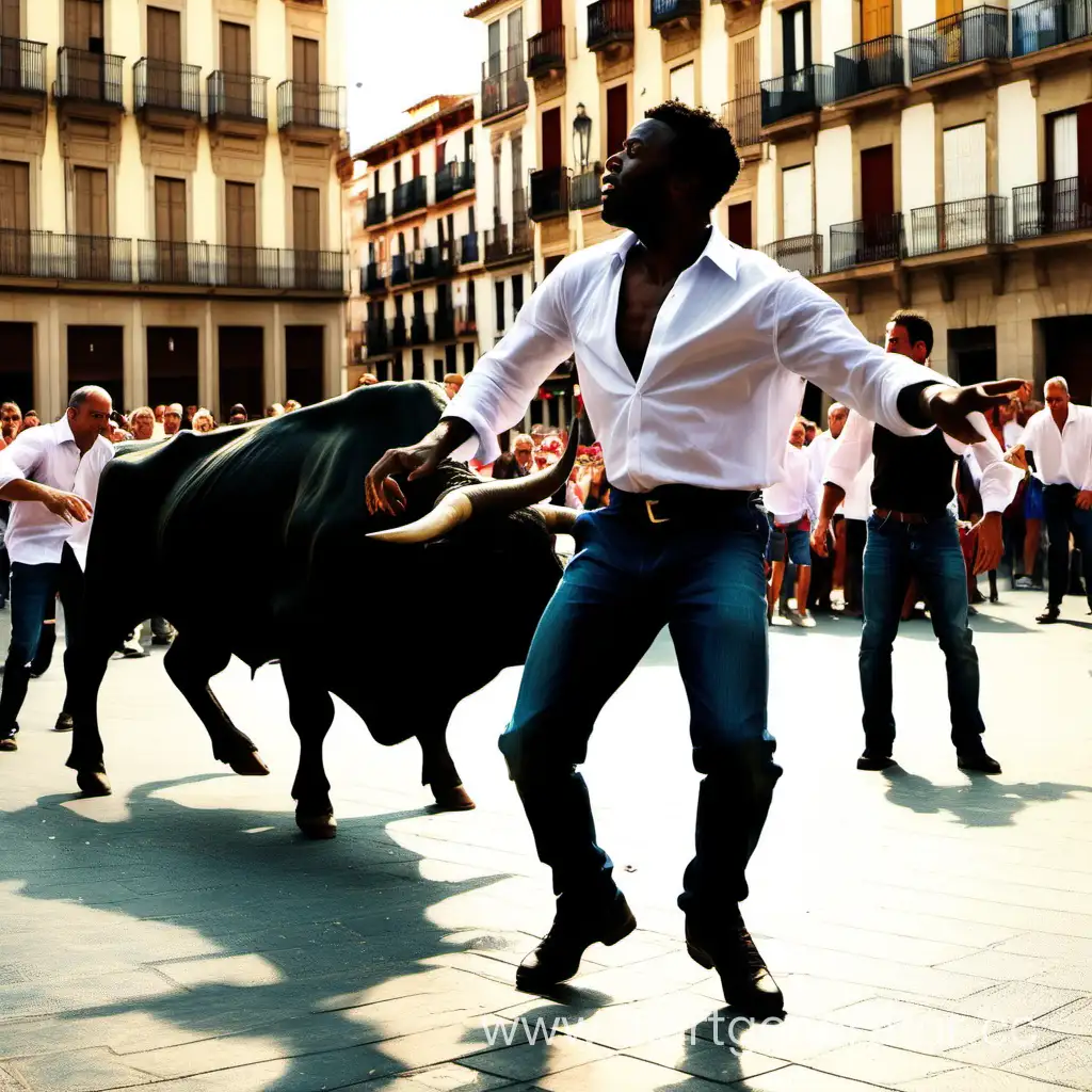 رجل اسود يرقص في ساحة في اسبانيا ضد ثور 