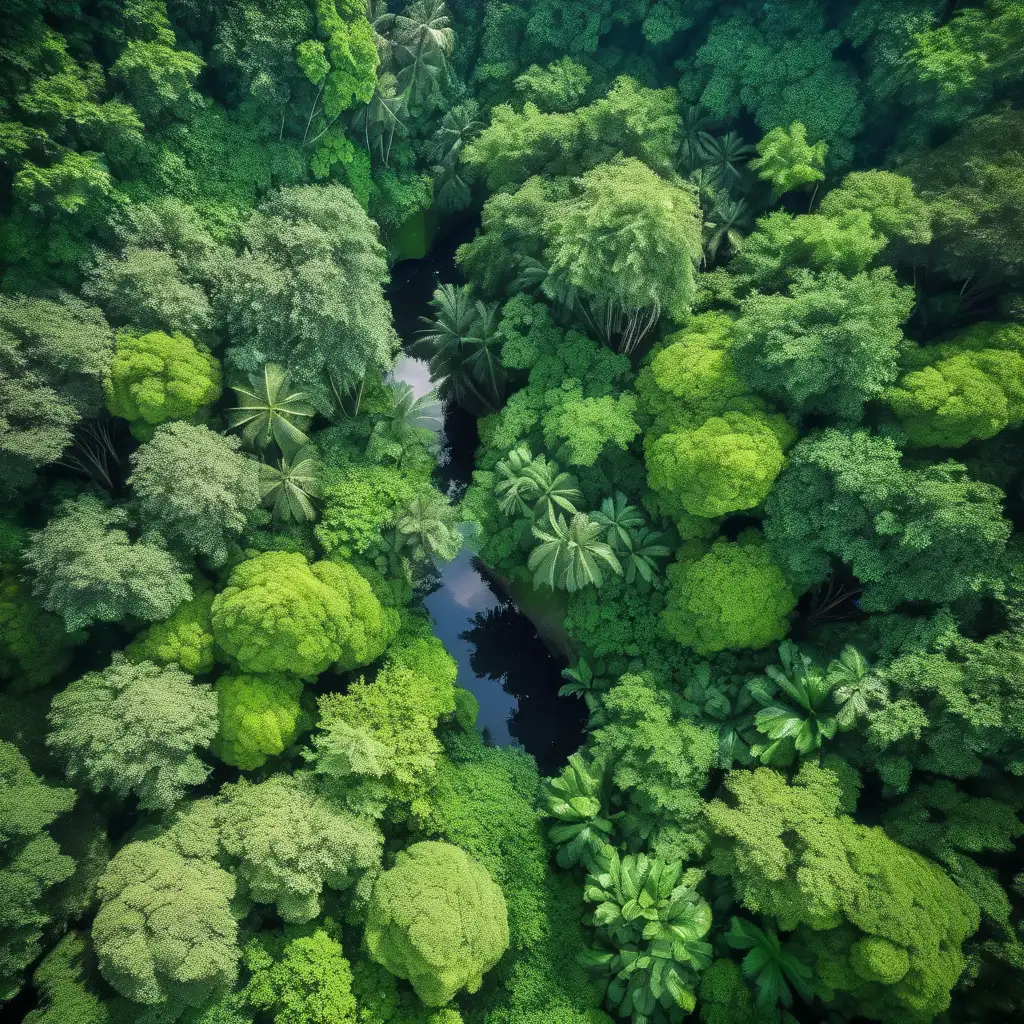 Lush Jungle Canopy with Aerial View of Verdant Foliage and Hanging Lianas