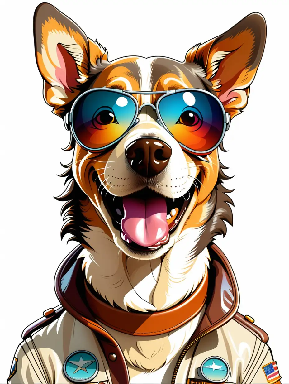 Graphic T-shirt vector of a happy pilot dog wearing aviator sunglasses, detail design, colorful, contour, white background 