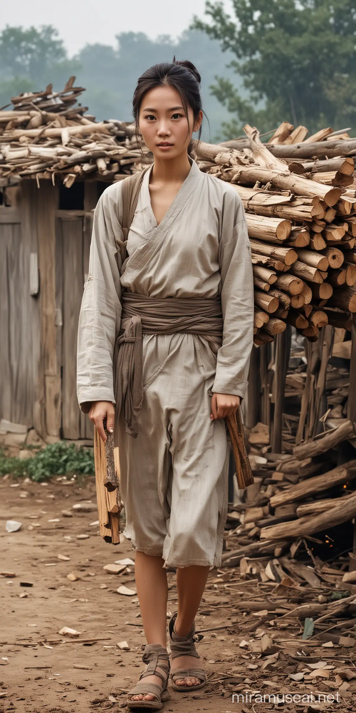Rural Life Chinese Woman Carrying Firewood in a Dilapidated Dwelling