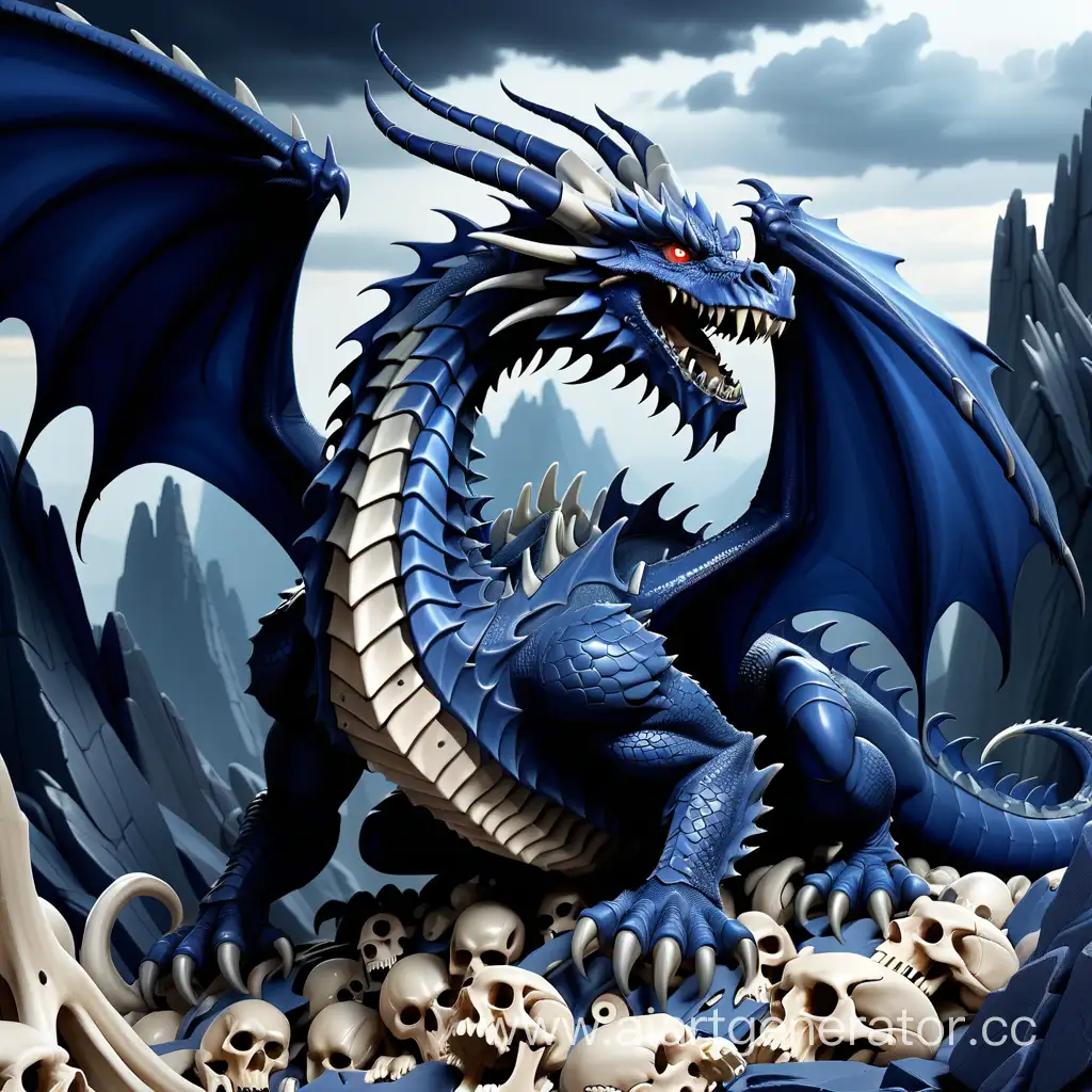 темно-синий устрашающий дракон сидит в своем логове на горе костей