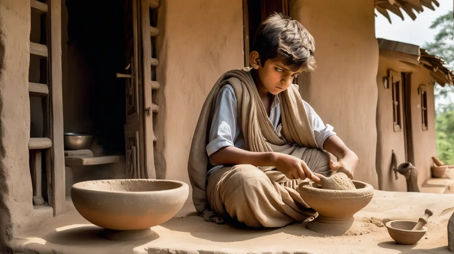 a teenager boy in dhoti is sitting alone  on the veranda of a mud house and smashing his books in sizeable stone mortar and pestle and his mother is standing behind him in anger