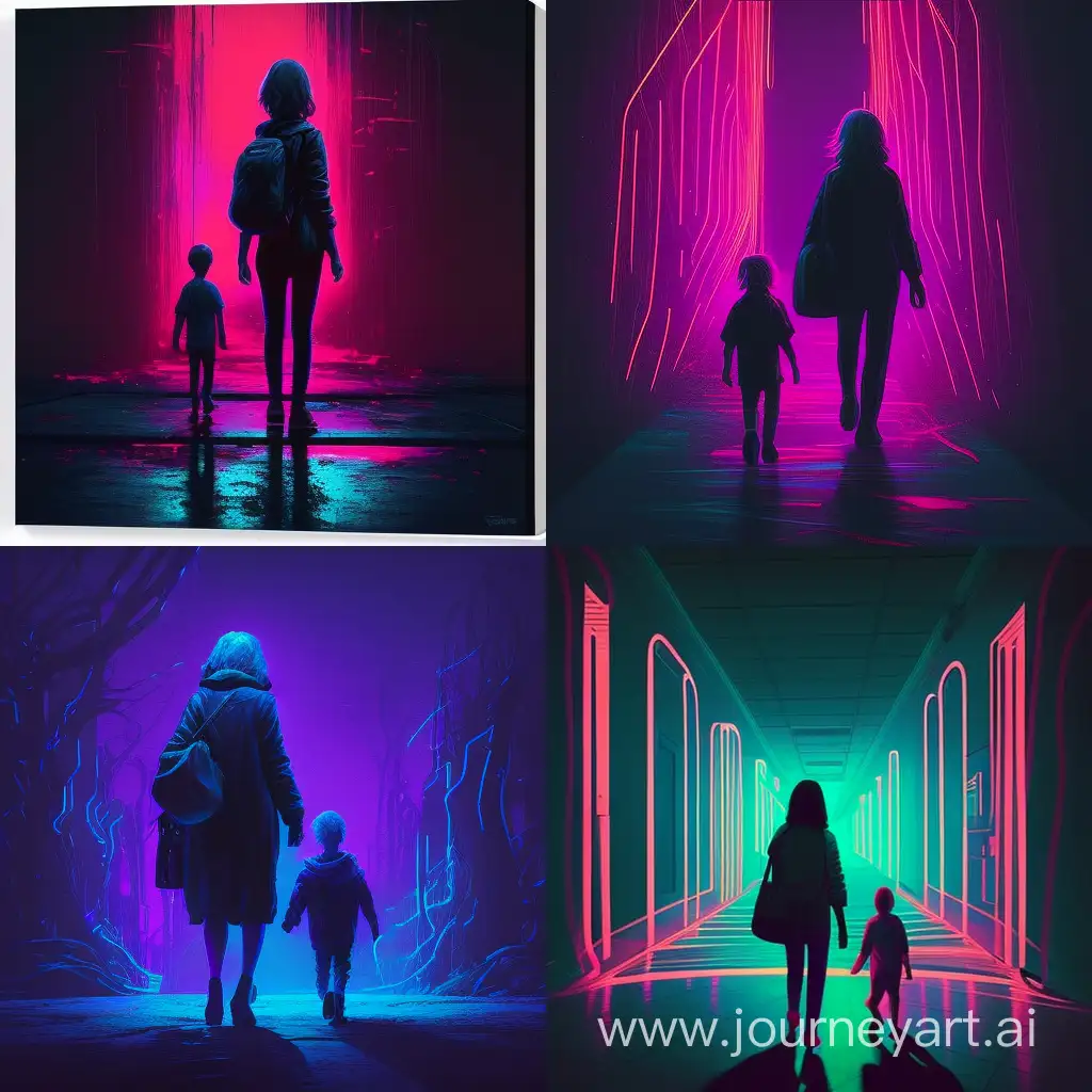 Vibrant-NeonLit-Stroll-Mother-and-5YearOld-in-Cityscape