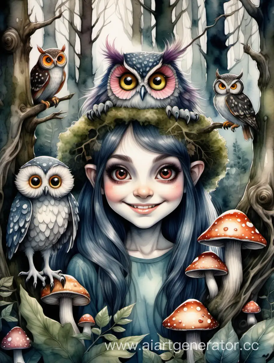 voluminous watercolor, art illustration, charming troll girl and owl, big beautiful eyes, cute smile, enchanting forest, dark tones, dark-botanical, dark garden, mossy branches, mushrooms, hyper-detailed, detailed drawing, bright colors, photorealism