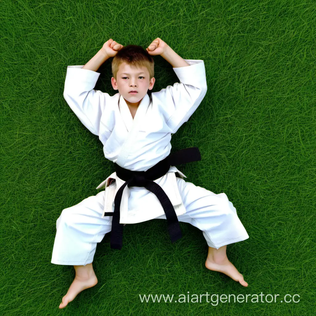 МАльчик каратист в белом кимоно лежит на зелёной траве, руки и ноги в разные стороны