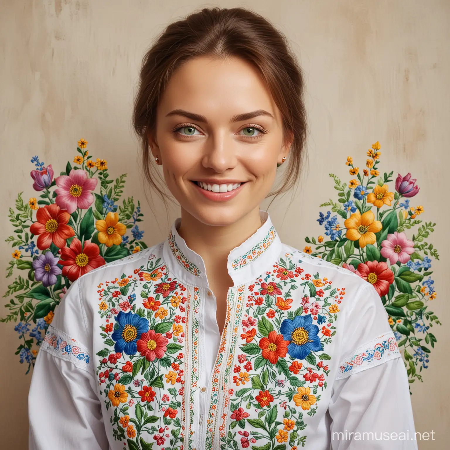 Adult Woman Smiling in Art Studio Surrounded by Ukrainian Embroidered Paintings and Flowers