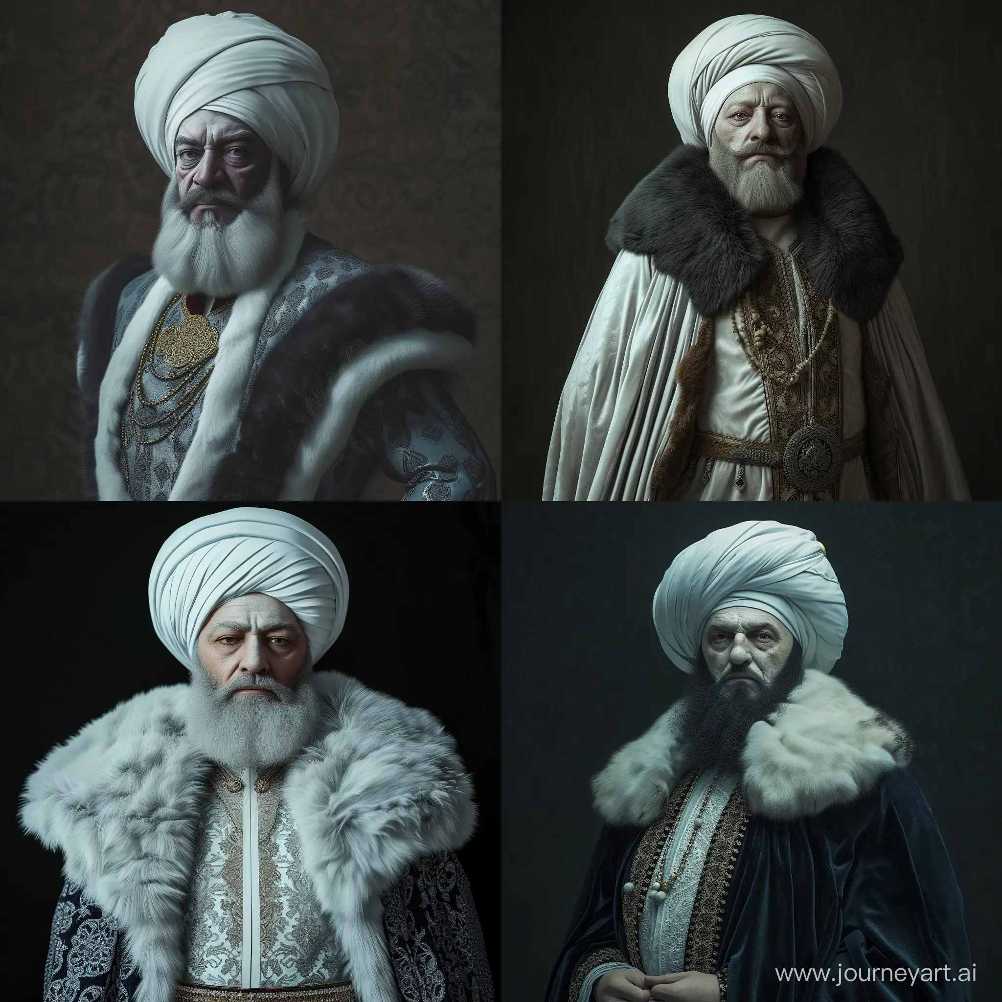 A realistic photo of Ottoman Sultan Mehmed II, He has white skin, black average beard, curved Ottoman nose and small lips. Wearing luxury Ottoman caftan with fur collars and medium size white Ottoman turban. His hands behind his back. Realistic photograpy with impressive details.  High resolution. 15mm, 35 mm, high definition, cinematic shot, realistic, 4k, photo realistic, cinematic lighting