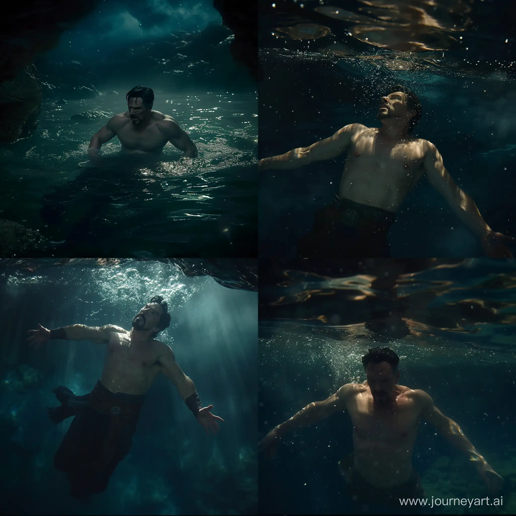 Doctor Strange swimming in the sea, shirtless, at night